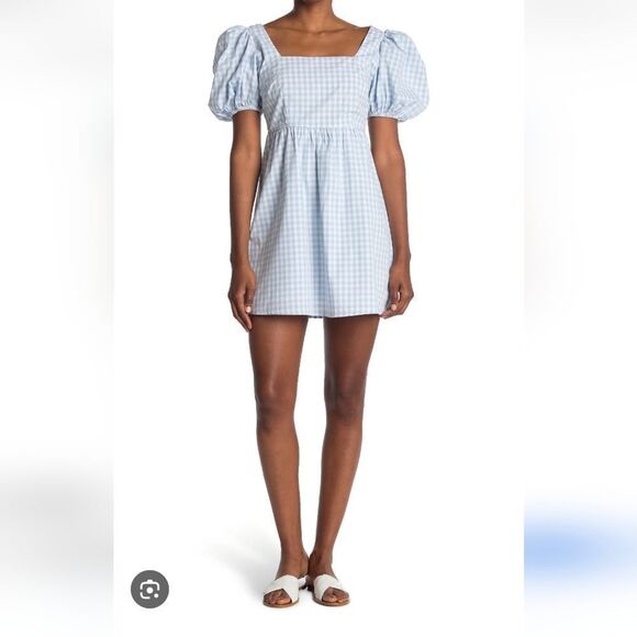 NWT Abound Gingham Puff Sleeves Blue Mini Dress Size Large - Picture 1 of 10